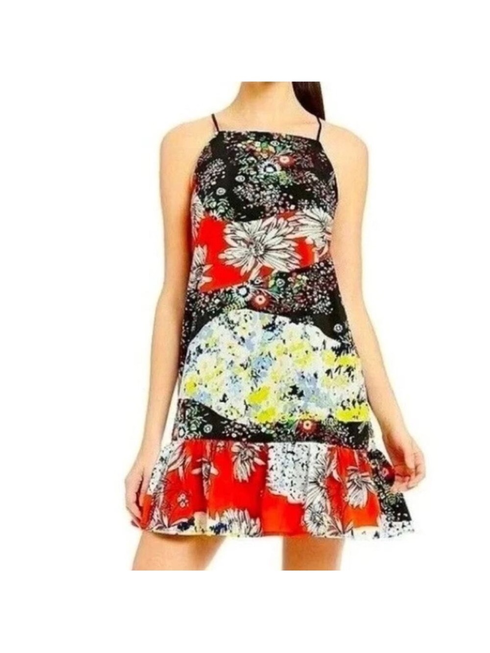 Nicole Miller patchwork flounce hem mini dress Black Red tie Straps cross back